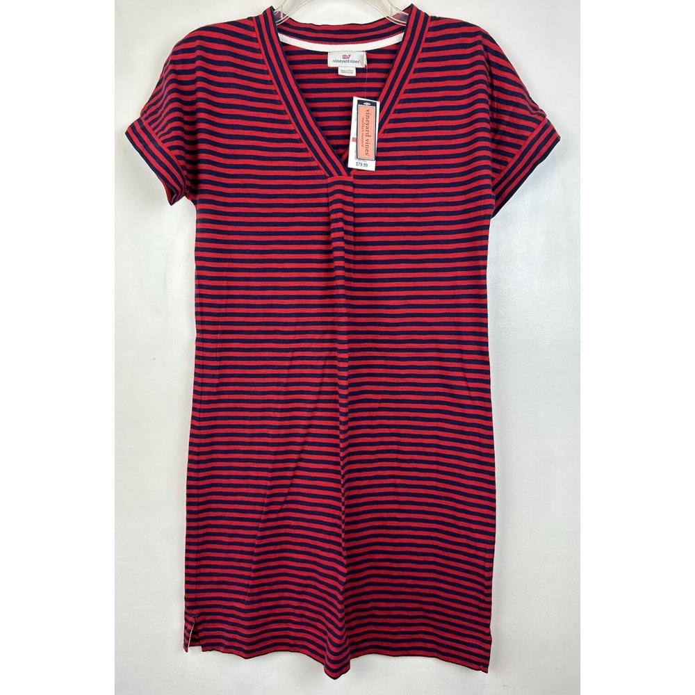 Vineyard Vines Dress XS Striped Red Navy Knit V Neck Nautical Beachy Preppy New